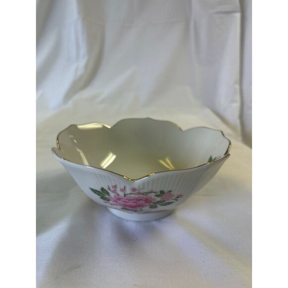 Mingei Japan Vintage Porcelain Floral Bowl With Gold Trim Scalloped Edge 5" Diam - Picture 1 of 2